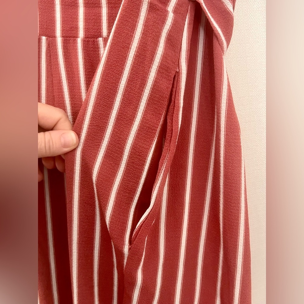 Burgundy White Striped Wide Leg Jumpsuit Pockets M - Picture 4 of 9